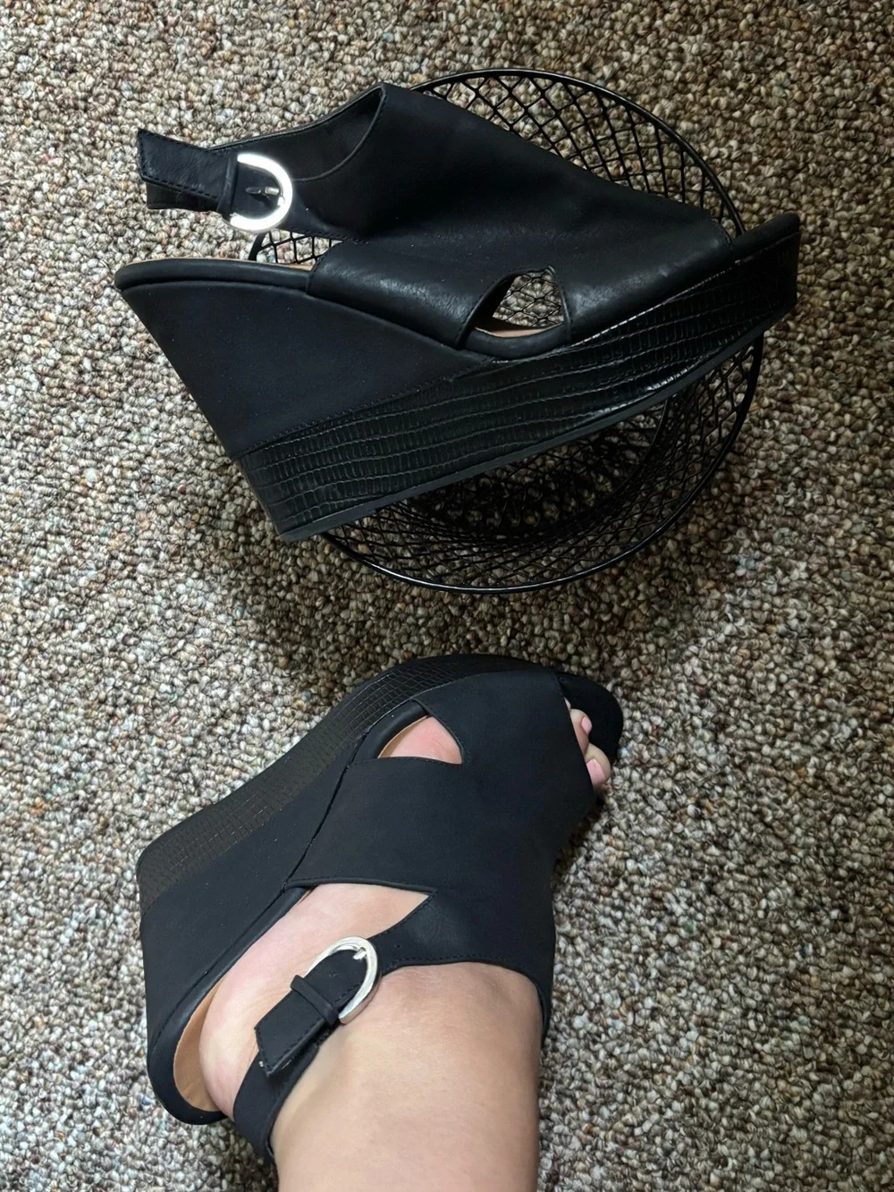 Chinese Laundry Black Peep-Toe Wedge Sandals with Silver Buckle